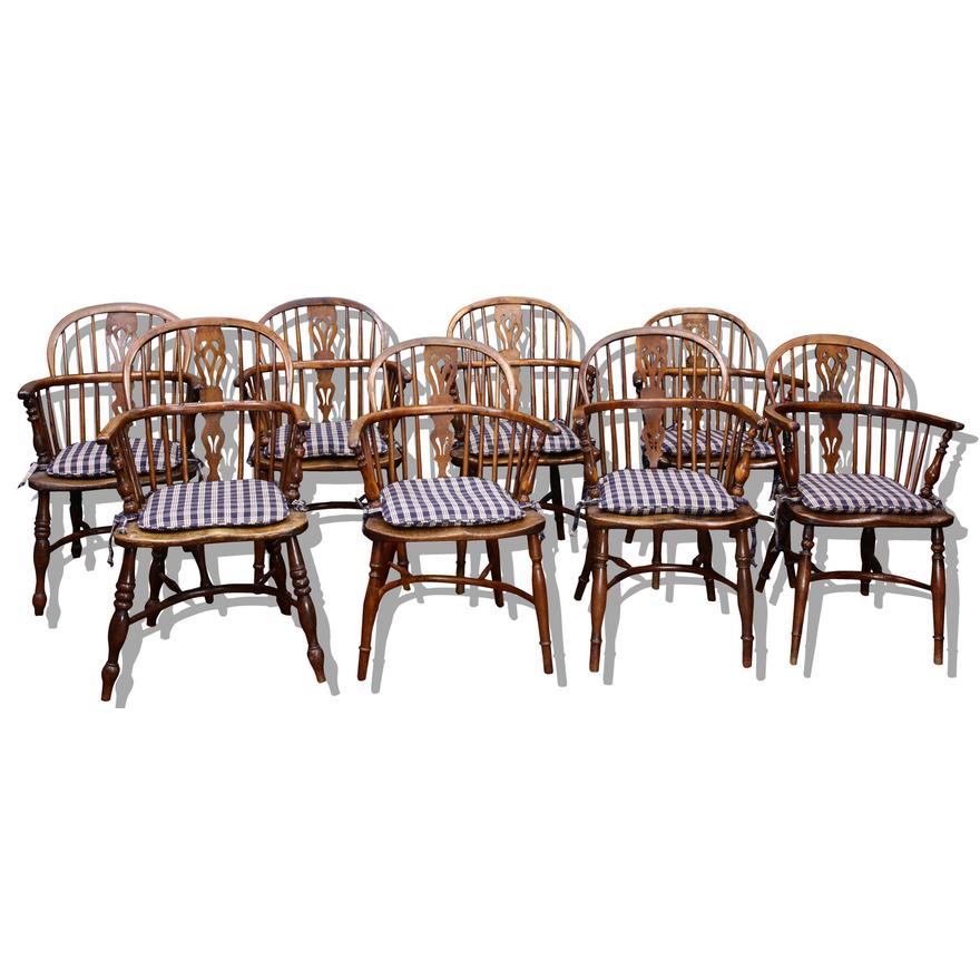 AF2-202: ANTIQUE SET OF 8 EARLY 19TH CENTURY ENGLISH WINDSOR HOOP BACK ARMCHAIRS