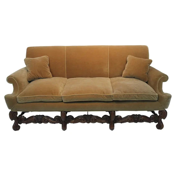 AF2-125: Antique Pair of Early 20th Century Charles II Style Carved Walnut Sofas w/ Mohair Upholstery