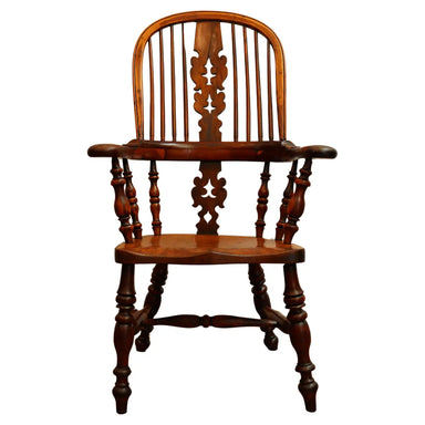 Antique Yew Wood & Elm English Fiddleback Windsor Armchair | Work of Man