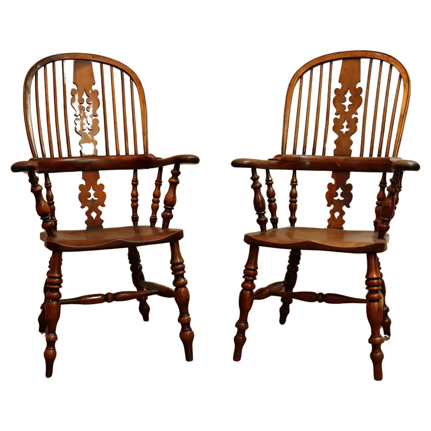 Antique Yew Wood & Elm English Fiddleback Windsor Armchairs | Work of Man