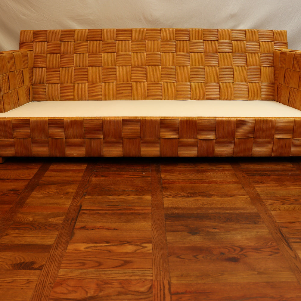 AF2-400: Vintage Circa 1990 John Hutton for Donghia Block Island Rattan Sofa W/ New White Cotton Upholstery