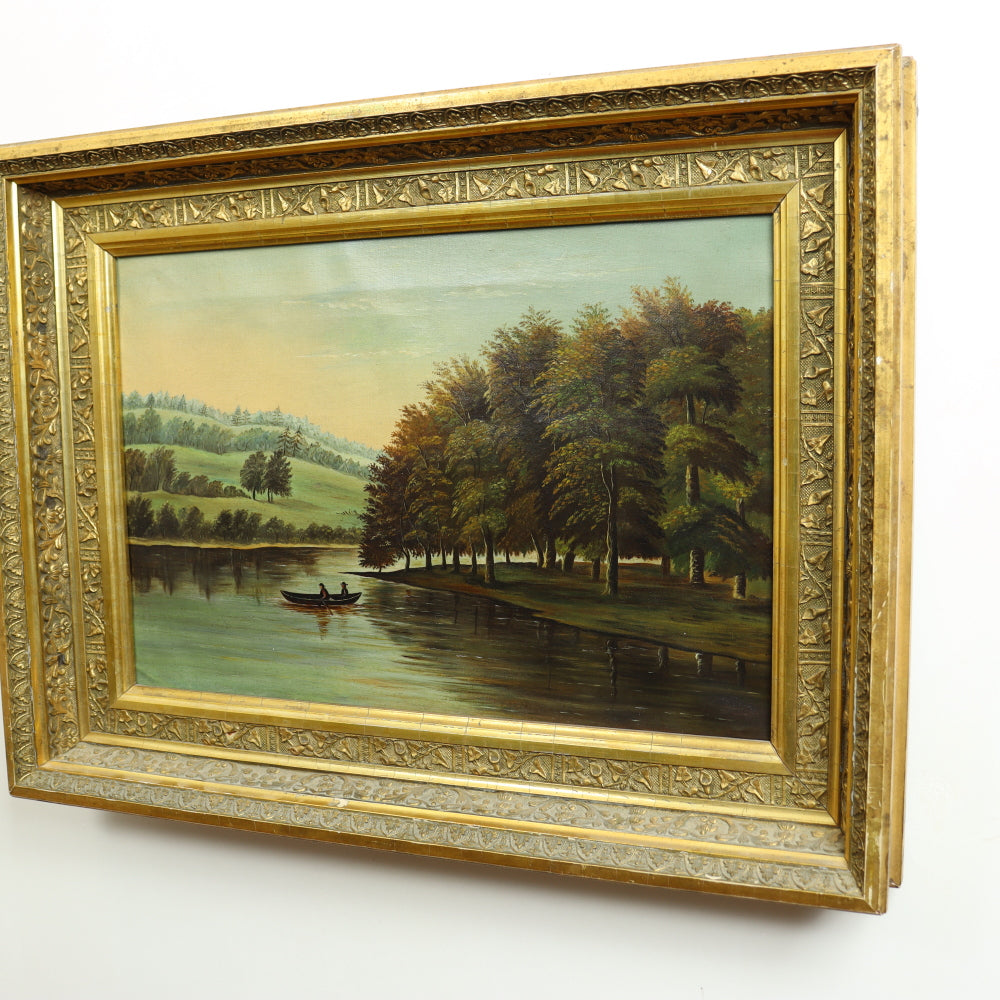 AW552: Hudson River Valley (American) School - River Landscape in Period Frame - Oil on Canvas