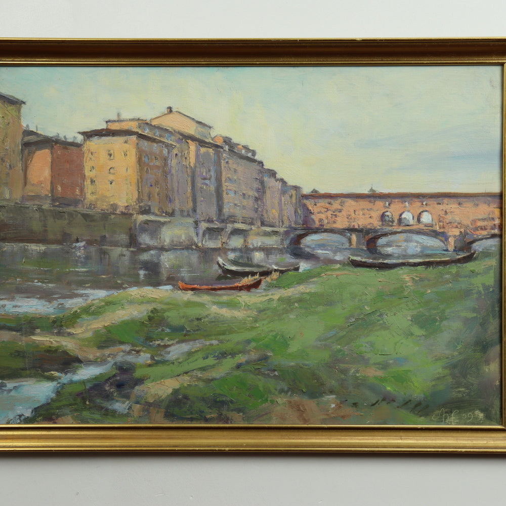 AW554: Aage Hansen (Danish, 1888 - 1972) - Italian Cityscape - Mid 20th Century Expressionist Painting - Oil on Paper Laid to Board