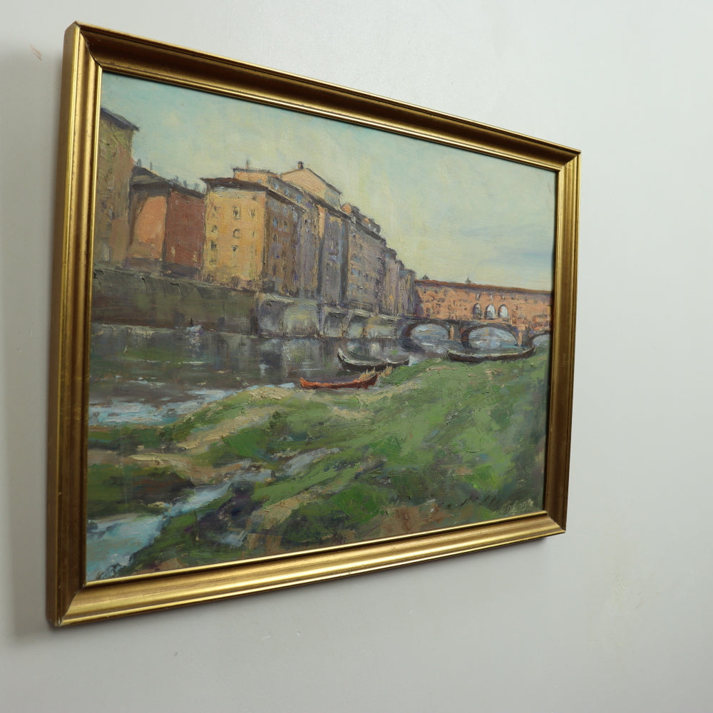 AW554: Aage Hansen (Danish, 1888 - 1972) - Italian Cityscape - Mid 20th Century Expressionist Painting - Oil on Paper Laid to Board