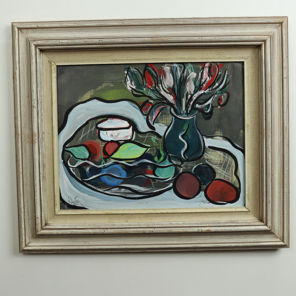 AW3-100: Mid 20th Century Cubist Still Life Painting - Illegibly Signed "Autey" - Tempura on Paper