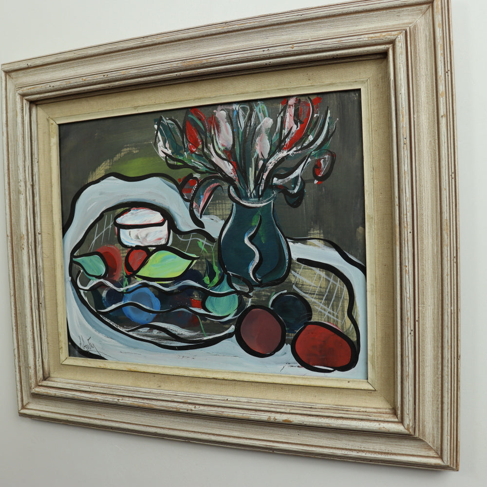 AW3-100: Mid 20th Century Cubist Still Life Painting - Illegibly Signed "Autey" - Tempura on Paper