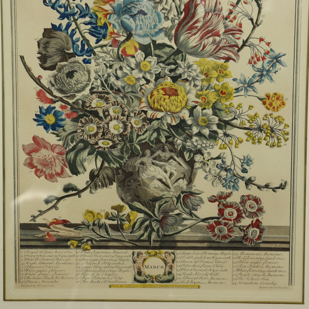 AW7-011: C 1730 Robert Furber - March Floral Calendar Hand Colored Etching - Engraved by H. Fletcher