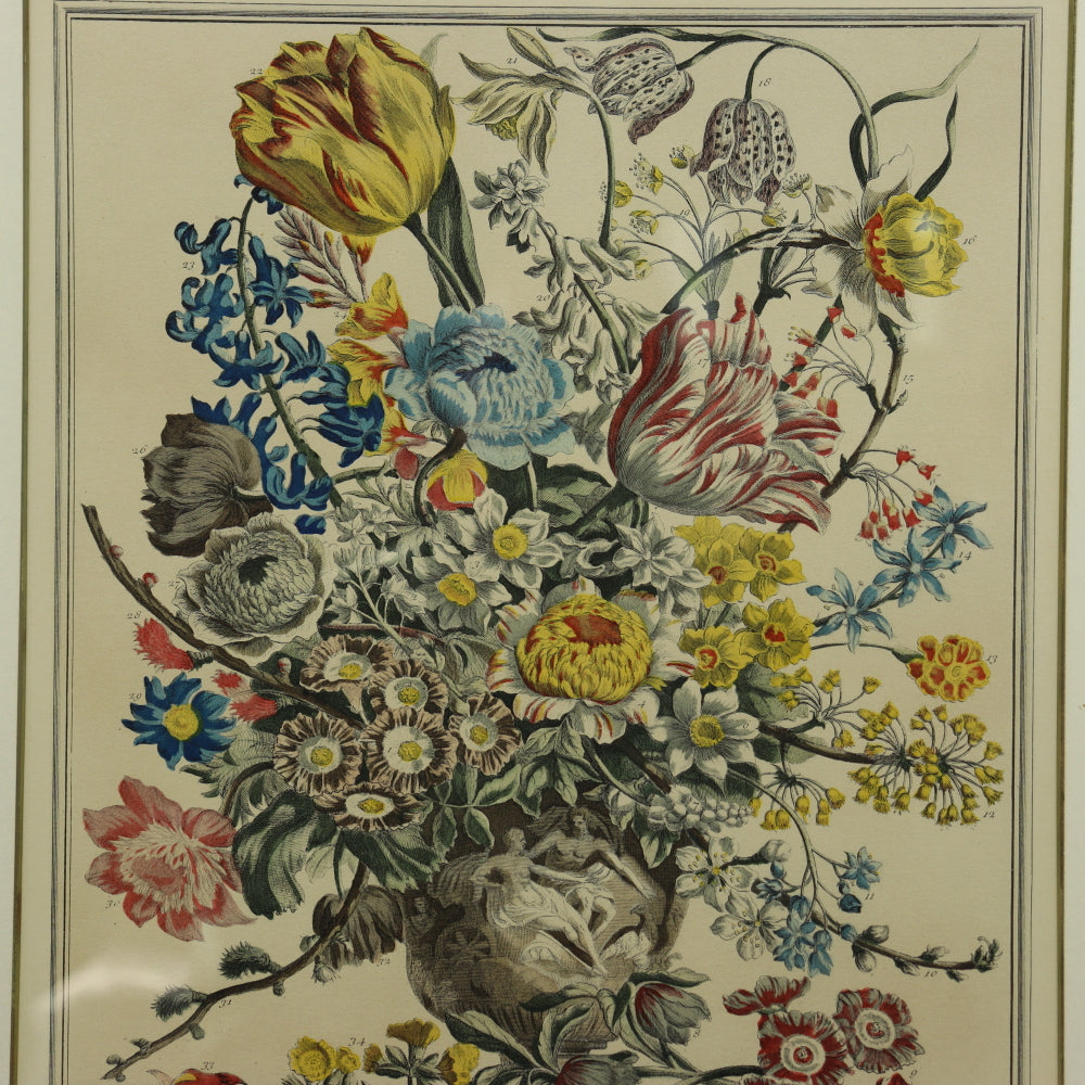 AW7-011: C 1730 Robert Furber - March Floral Calendar Hand Colored Etching - Engraved by H. Fletcher