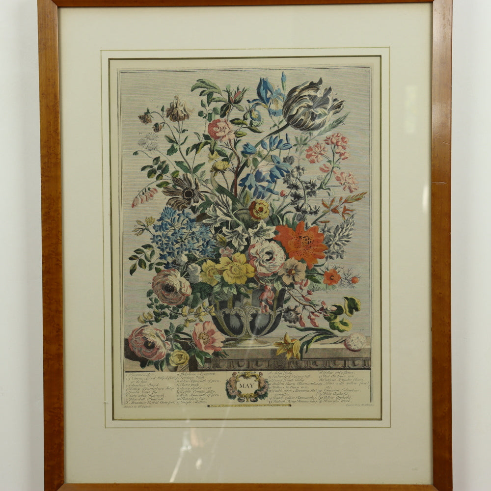 AW7-014: C 1730 Robert Furber - May Floral Calendar Hand Colored Etching - Engraved by H. Fletcher