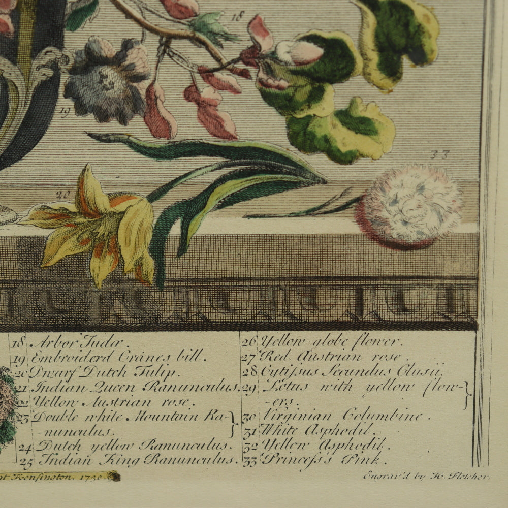 AW7-014: C 1730 Robert Furber - May Floral Calendar Hand Colored Etching - Engraved by H. Fletcher