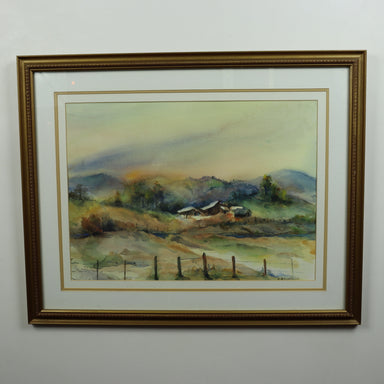 Doris Bruchler - Late 20th Century-  "Ranch at Creeks' Bend” - Watercolor on Paper Painting | Work of Man