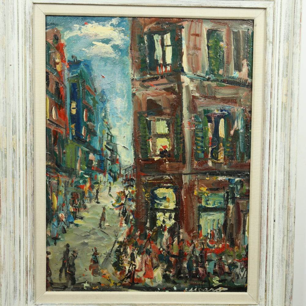 AW419: Pascal Cucaro -Mid Century Street Scene - Oil on Board