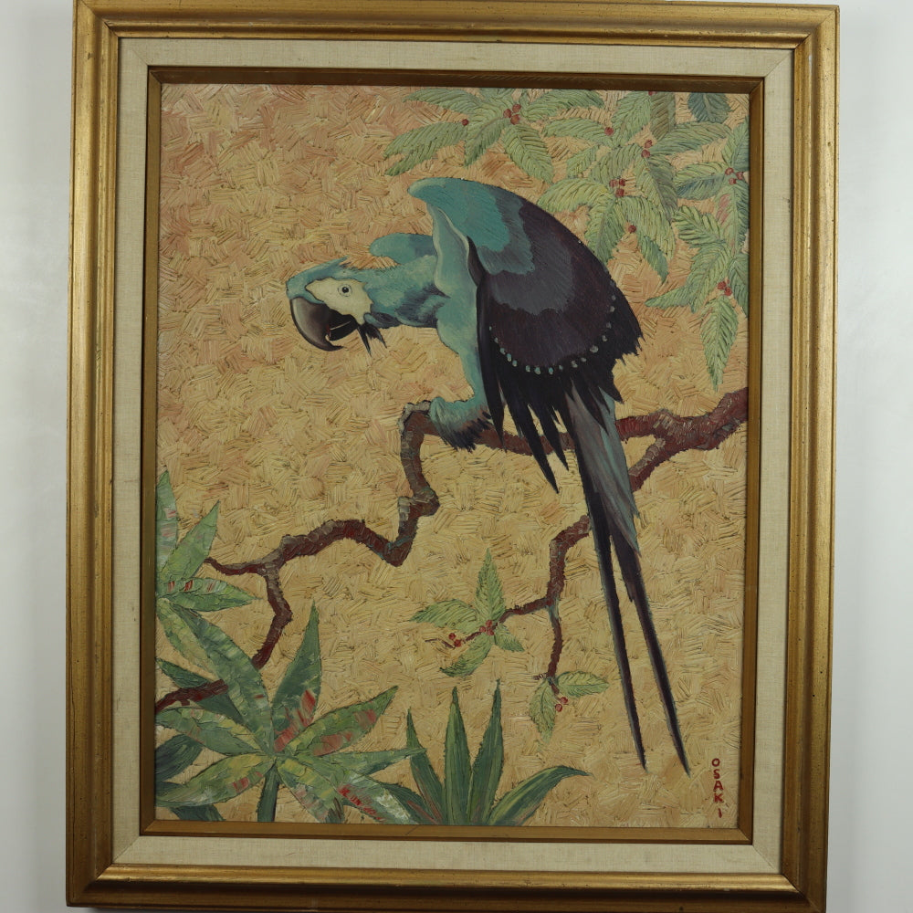 AW541: Early 20th Century Japanese American Artist Harry Osaki Impressionist Painting of Macaw Parrot Oil on Canvas