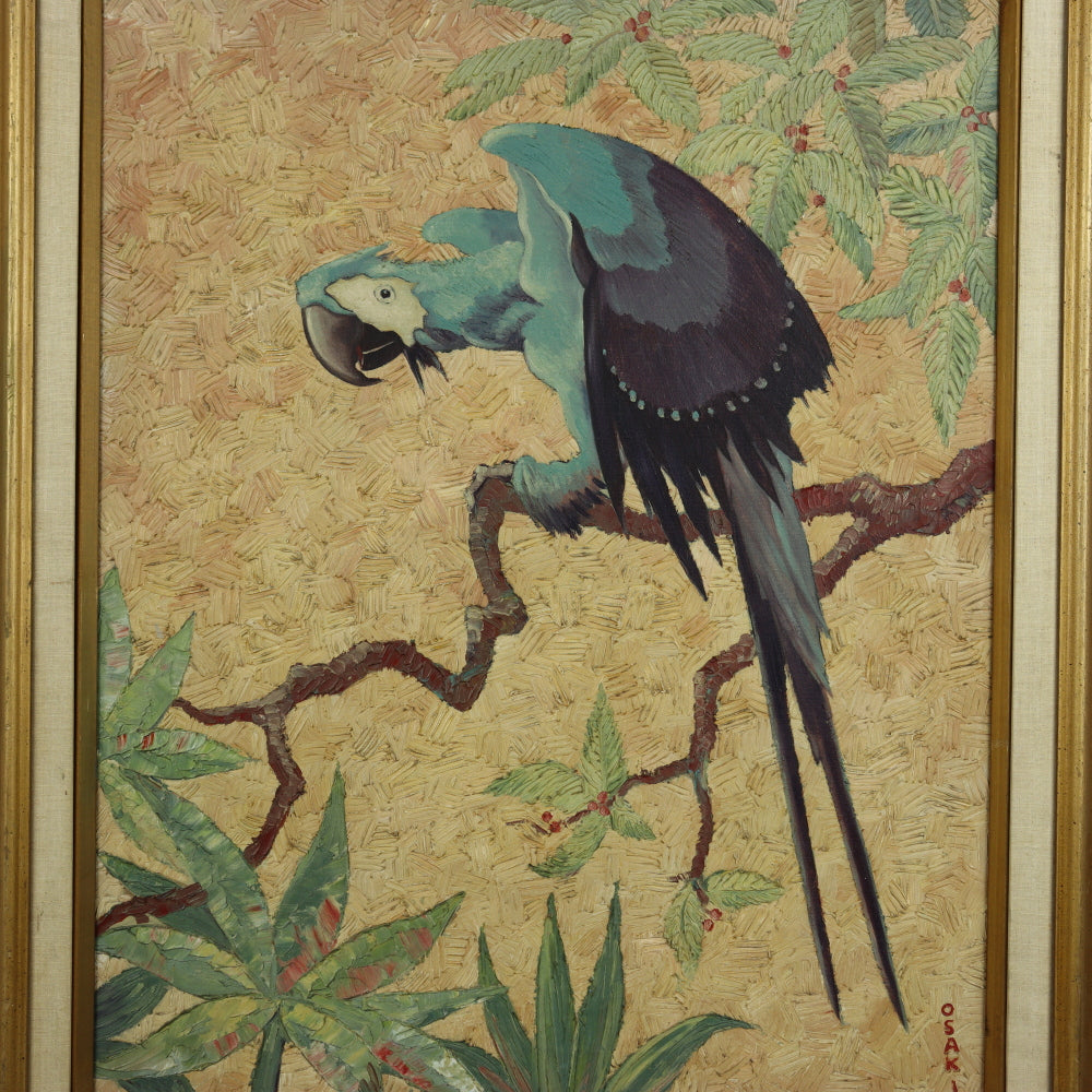 AW541: Early 20th Century Japanese American Artist Harry Osaki Impressionist Painting of Macaw Parrot Oil on Canvas