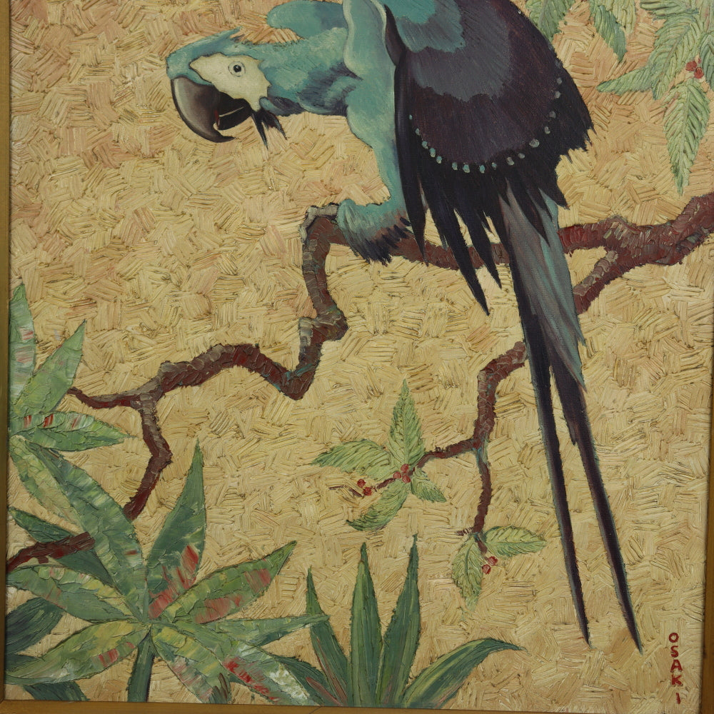 AW541: Early 20th Century Japanese American Artist Harry Osaki Impressionist Painting of Macaw Parrot Oil on Canvas