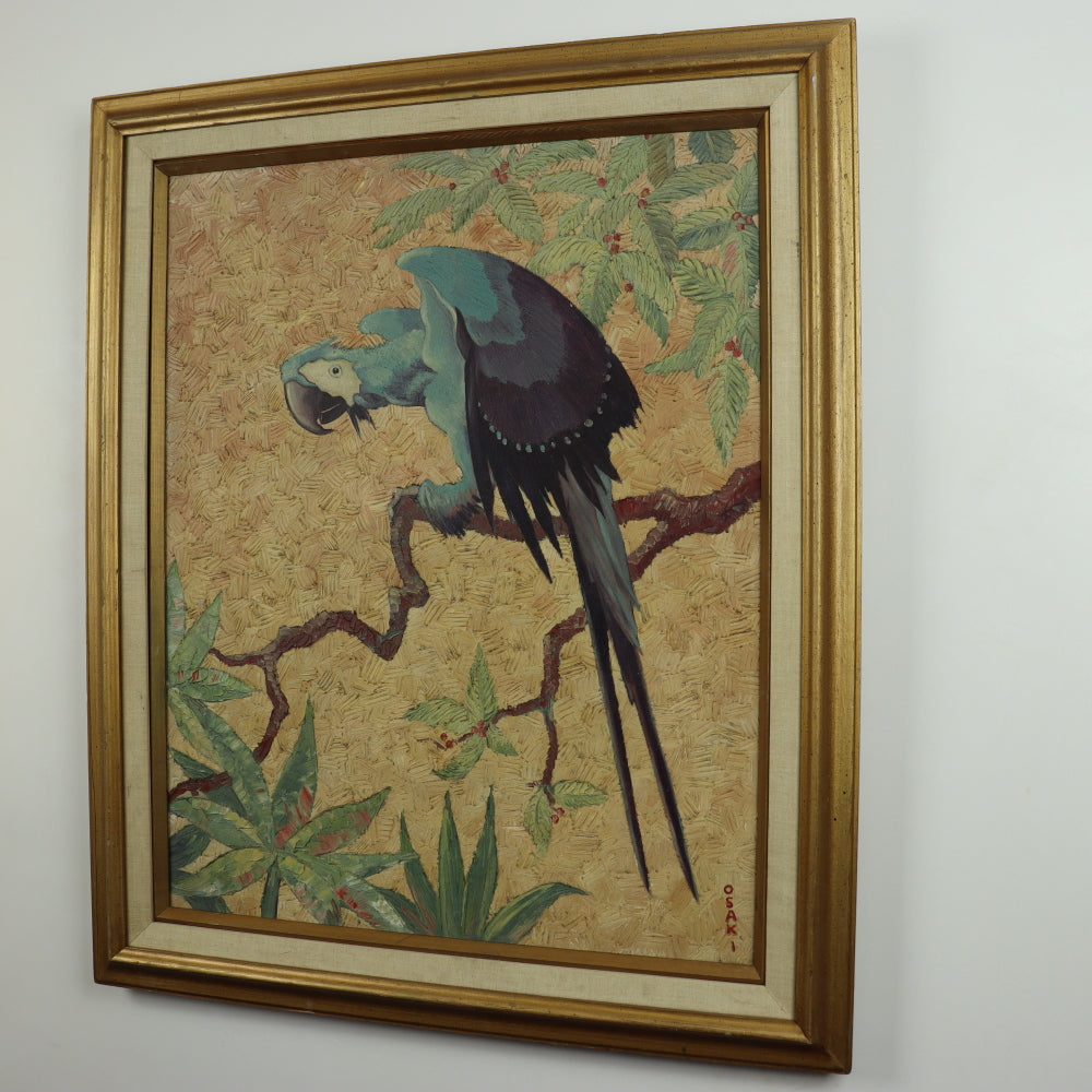 AW541: Early 20th Century Japanese American Artist Harry Osaki Impressionist Painting of Macaw Parrot Oil on Canvas