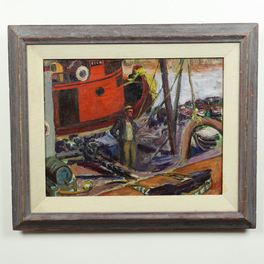 Ashcan / WPA School - "Red Tugboat" - Early 20th Century - Oil on Canvas Painting | Work of Man