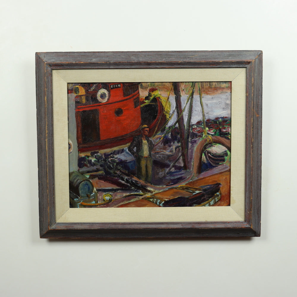 AW570: Ashcan / WPA School - "Red Tugboat" - Early 20th Century - Oil on Canvas