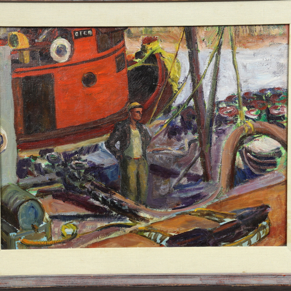 AW570: Ashcan / WPA School - "Red Tugboat" - Early 20th Century - Oil on Canvas