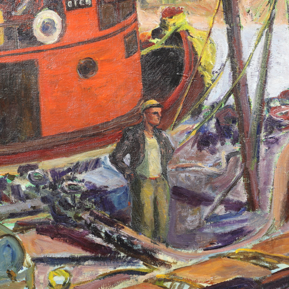 AW570: Ashcan / WPA School - "Red Tugboat" - Early 20th Century - Oil on Canvas