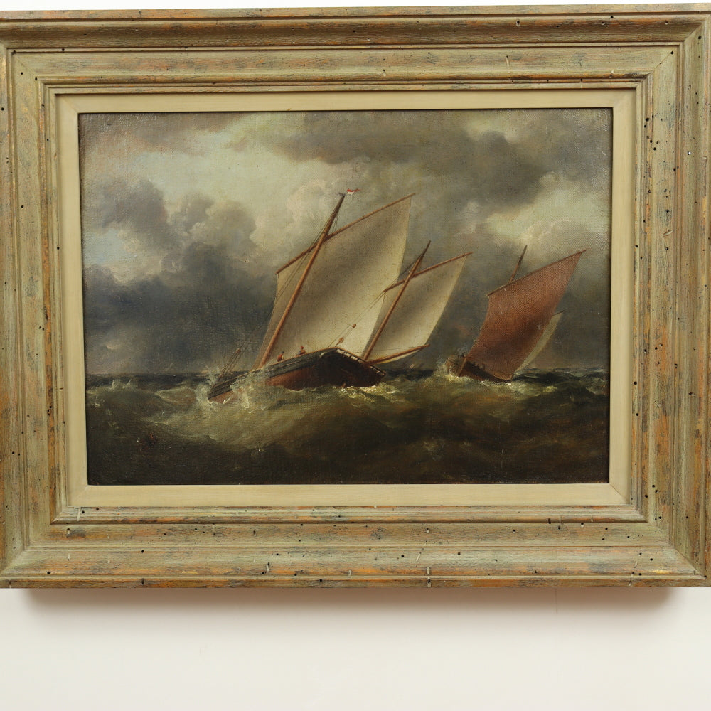 AW428: English Romanticism School - Boats On Stormy Seas - Oil on Canvas