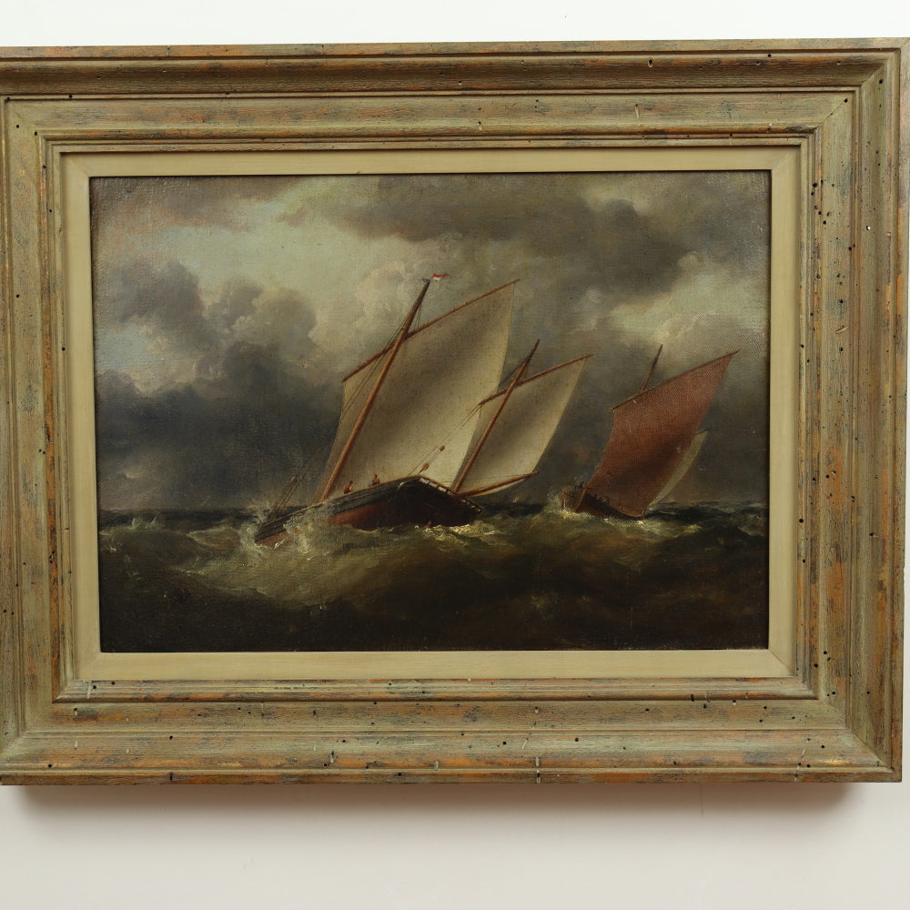 AW428: English School - Boats Passing at Seas - Oil on Canvas