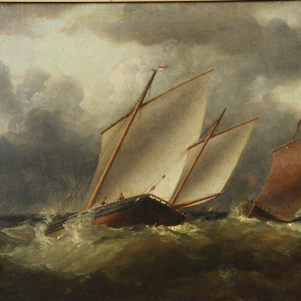 AW428: English Romanticism School - Boats On Stormy Seas - Oil on Canvas