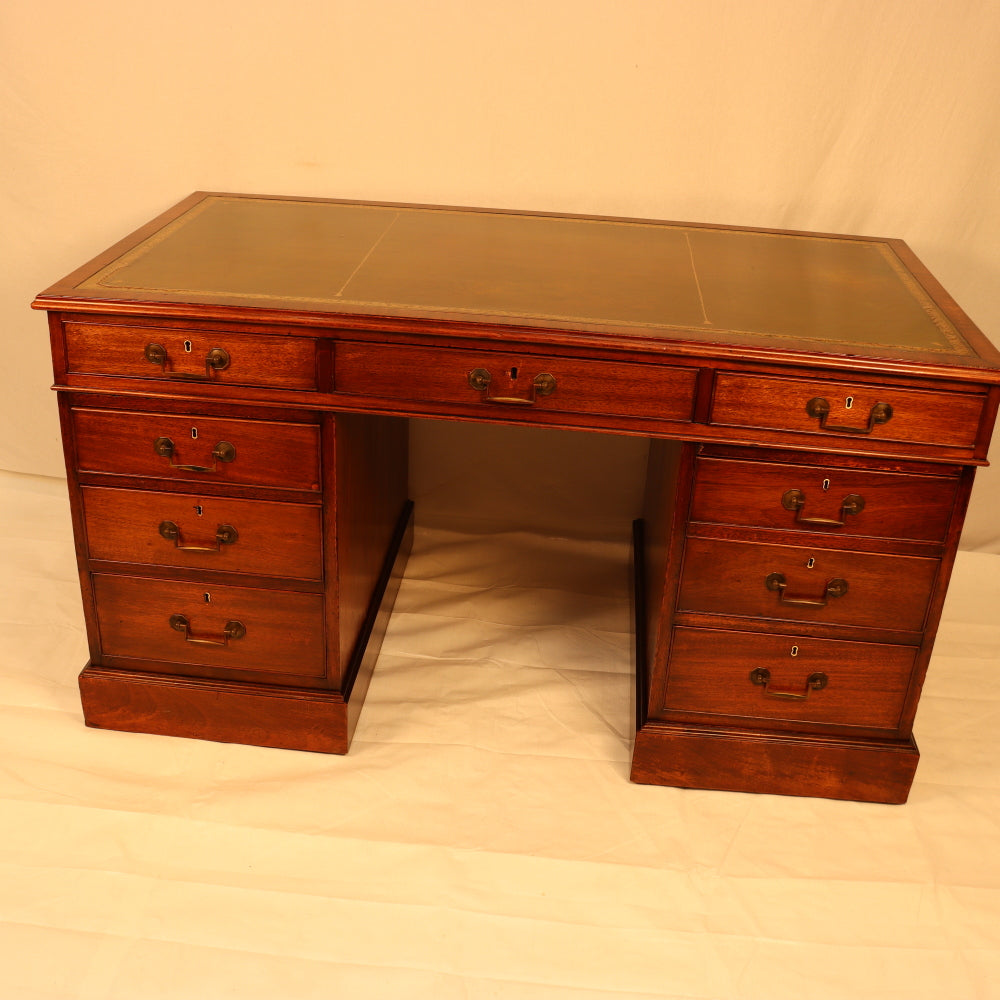 AF5-019: Antique Mid 19th Century English Georgian Style  Mahogany Pedestal Desk W/ Leather Inset Top