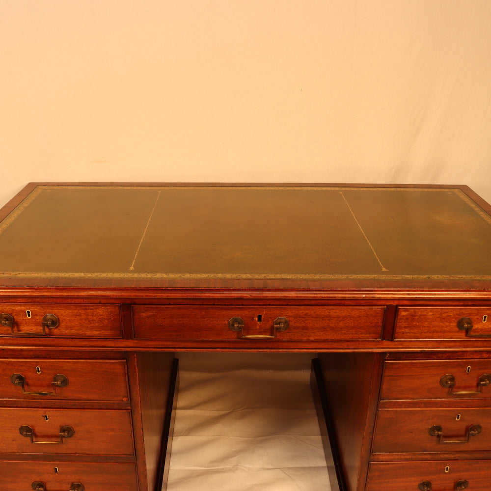 AF5-019: Antique Mid 19th Century English Georgian Style  Mahogany Pedestal Desk W/ Leather Inset Top