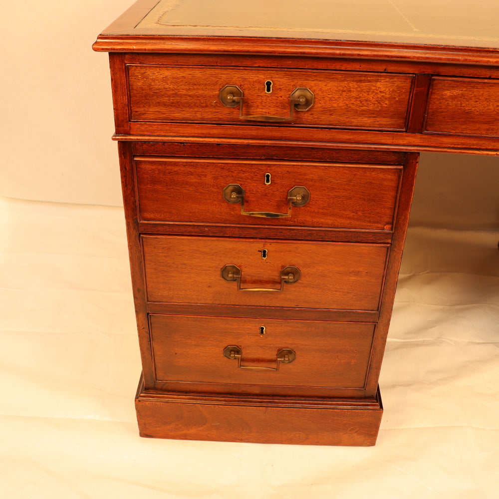 AF5-019: Antique Mid 19th Century English Georgian Style  Mahogany Pedestal Desk W/ Leather Inset Top