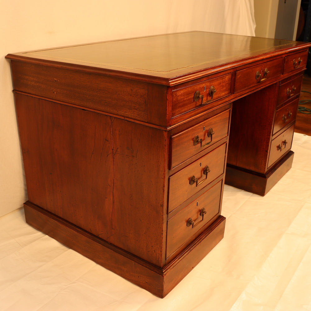 AF5-019: Antique Mid 19th Century English Georgian Style  Mahogany Pedestal Desk W/ Leather Inset Top