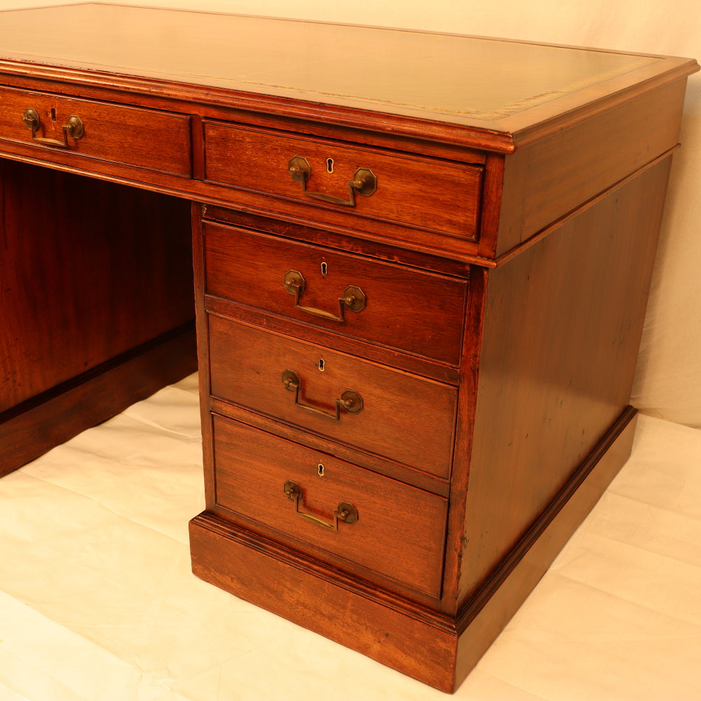 AF5-019: Antique Mid 19th Century English Georgian Style  Mahogany Pedestal Desk W/ Leather Inset Top