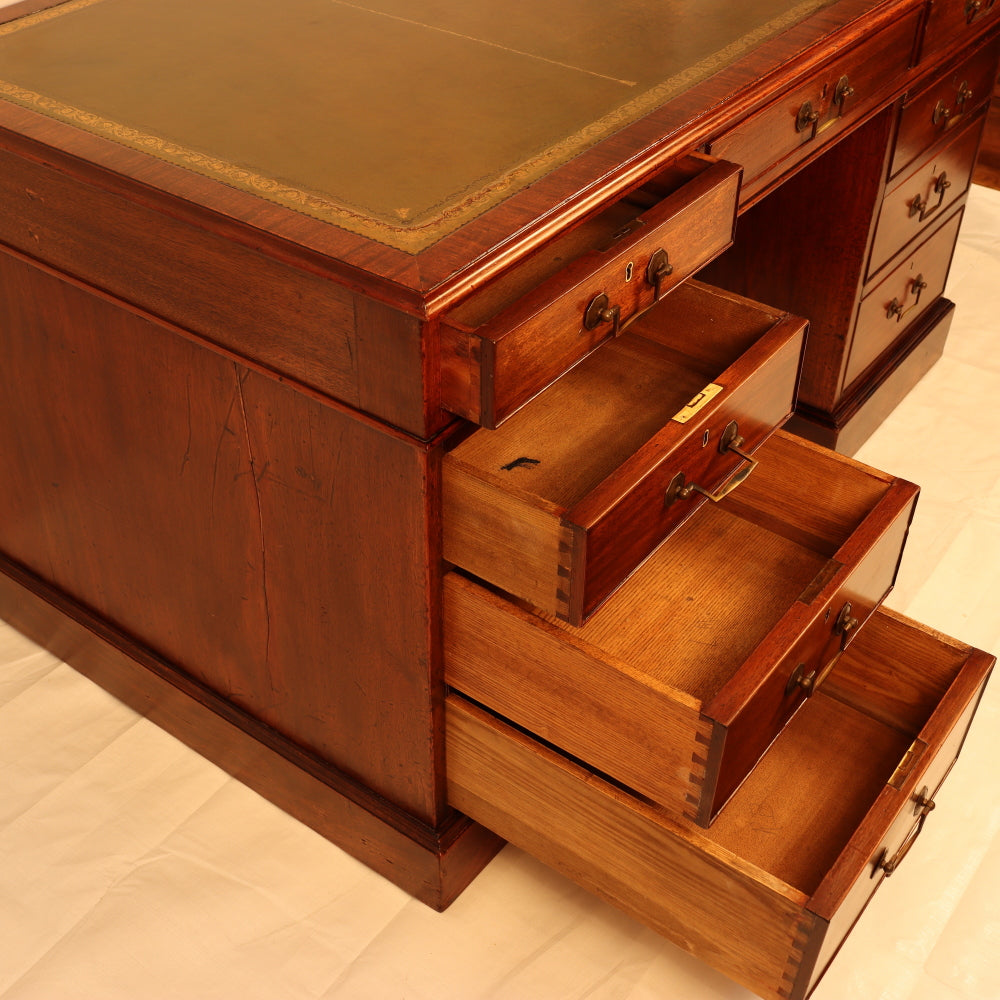 AF5-019: Antique Mid 19th Century English Georgian Style  Mahogany Pedestal Desk W/ Leather Inset Top