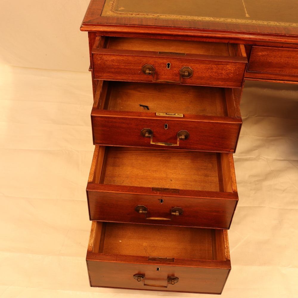 AF5-019: Antique Mid 19th Century English Georgian Style  Mahogany Pedestal Desk W/ Leather Inset Top