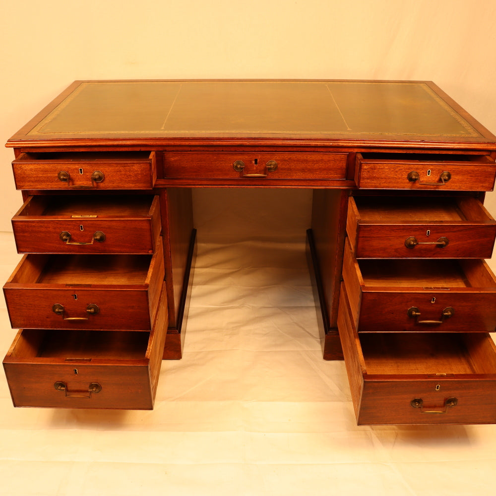 AF5-019: Antique Mid 19th Century English Georgian Style  Mahogany Pedestal Desk W/ Leather Inset Top