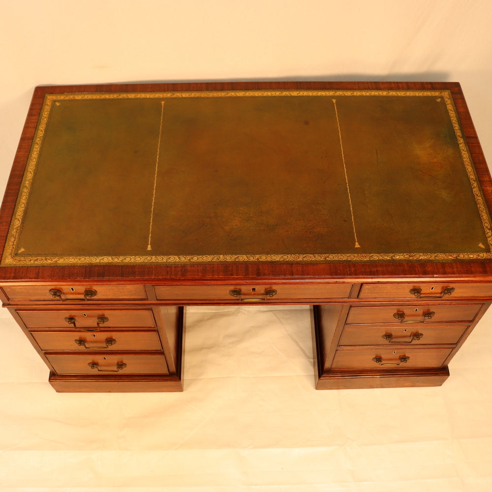 AF5-019: Antique Mid 19th Century English Georgian Style  Mahogany Pedestal Desk W/ Leather Inset Top