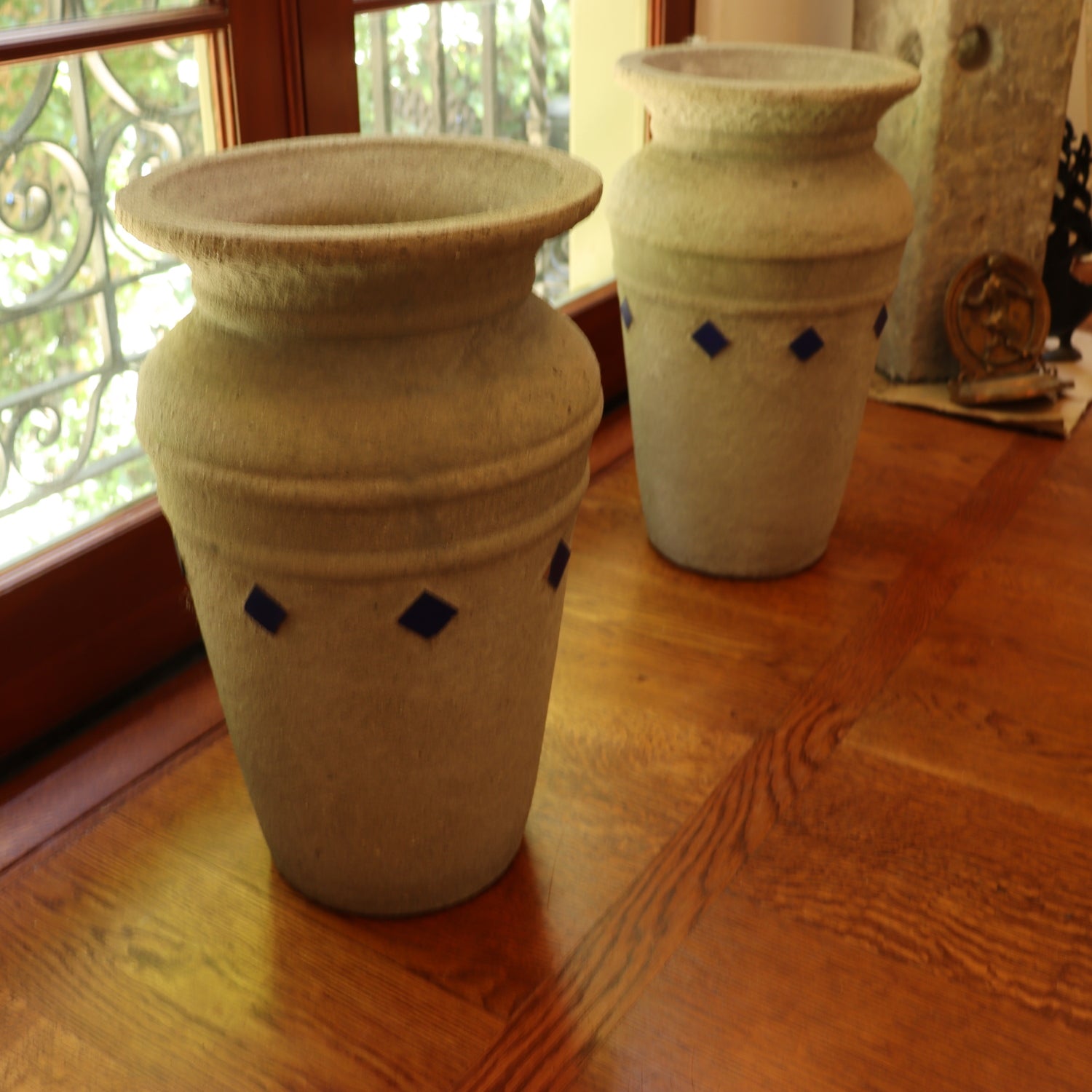 DA5-011: Antique Hillside Pottery - Pair of Circa 1920's Concrete Pots With Blue Tiles