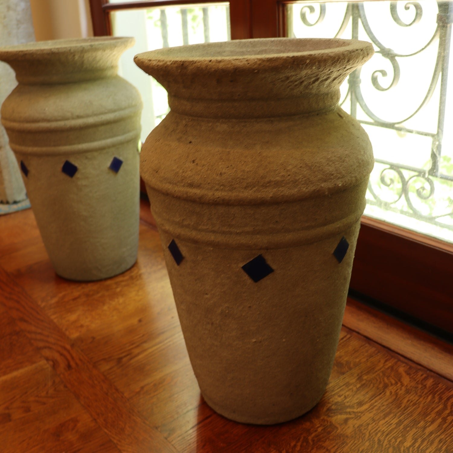 DA5-011: Antique Hillside Pottery - Pair of Circa 1920's Concrete Pots With Blue Tiles