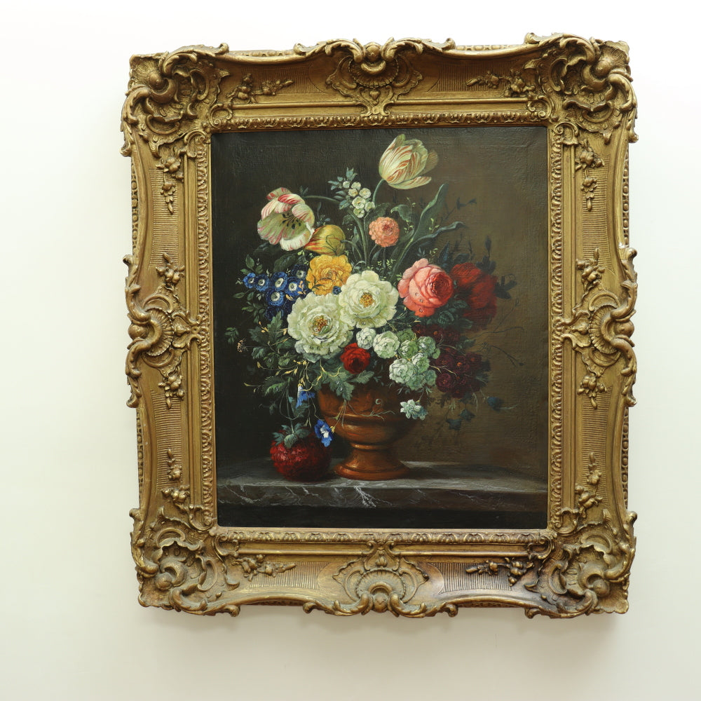 AW615: American School - 19th Century Floral Still Life in Period Frame - Oil on Canvas