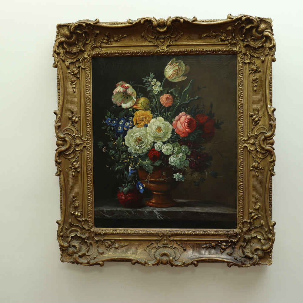 AW615: American School - 19th Century Floral Still Life in Period Frame - Oil on Canvas