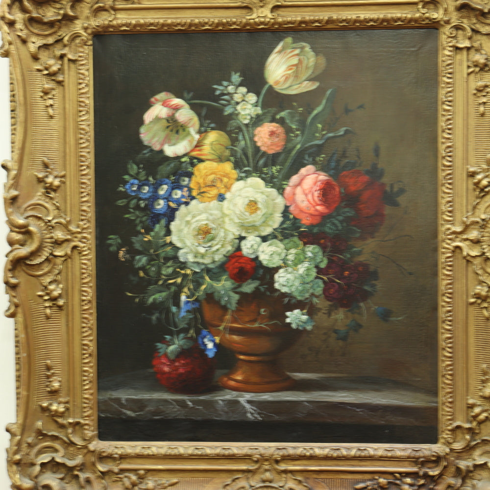 AW615: American School - 19th Century Floral Still Life in Period Frame - Oil on Canvas