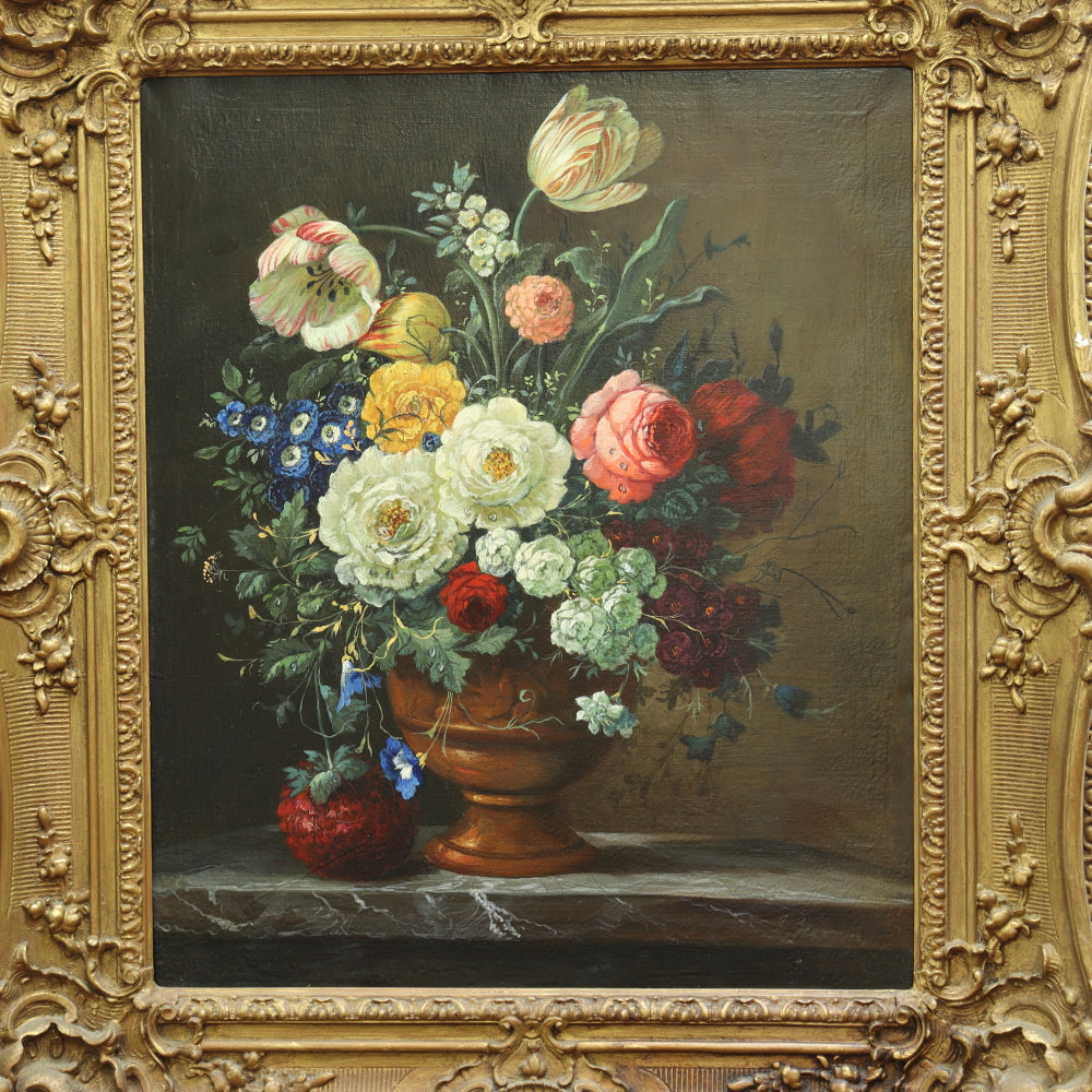 AW615: American School - 19th Century Floral Still Life in Period Frame - Oil on Canvas