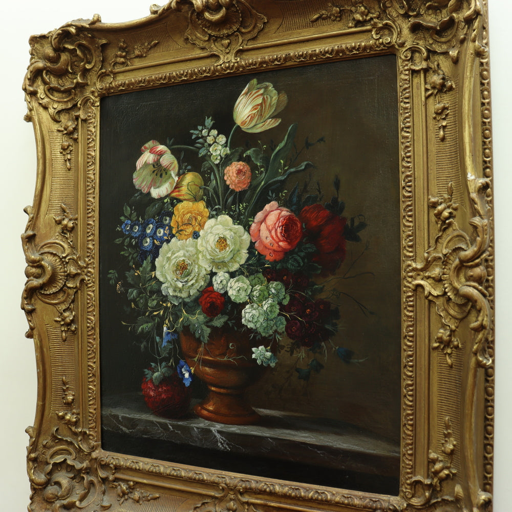 AW615: American School - 19th Century Floral Still Life in Period Frame - Oil on Canvas