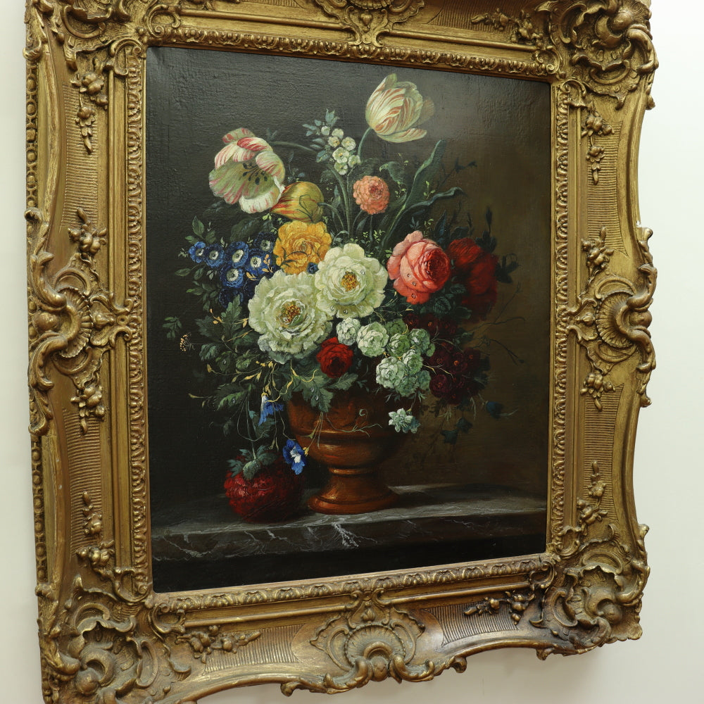 AW615: American School - 19th Century Floral Still Life in Period Frame - Oil on Canvas