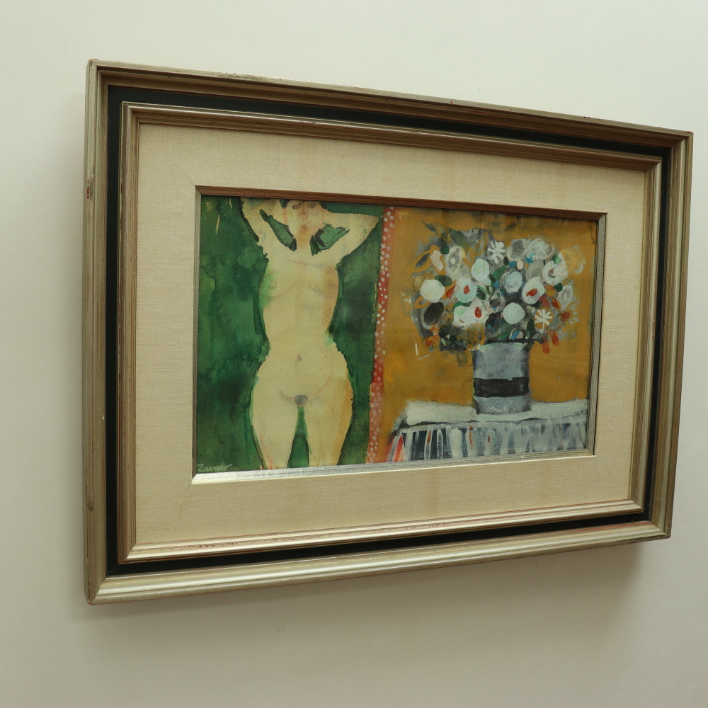 AW4-020: Albert Zavaro - Original Gouche Abstract Nude With Flowers - Mid 20th Century