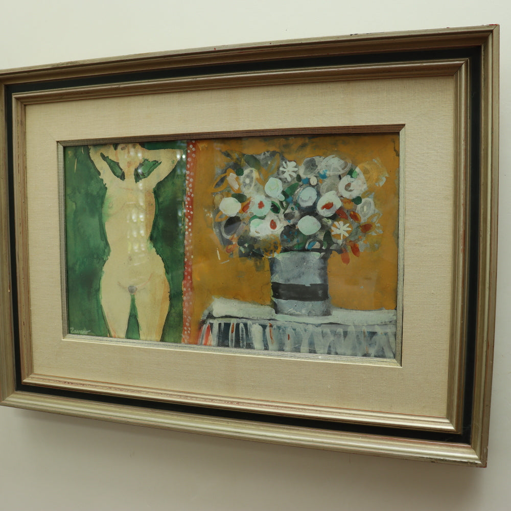 AW4-020: Albert Zavaro - Original Gouche Abstract Nude With Flowers - Mid 20th Century