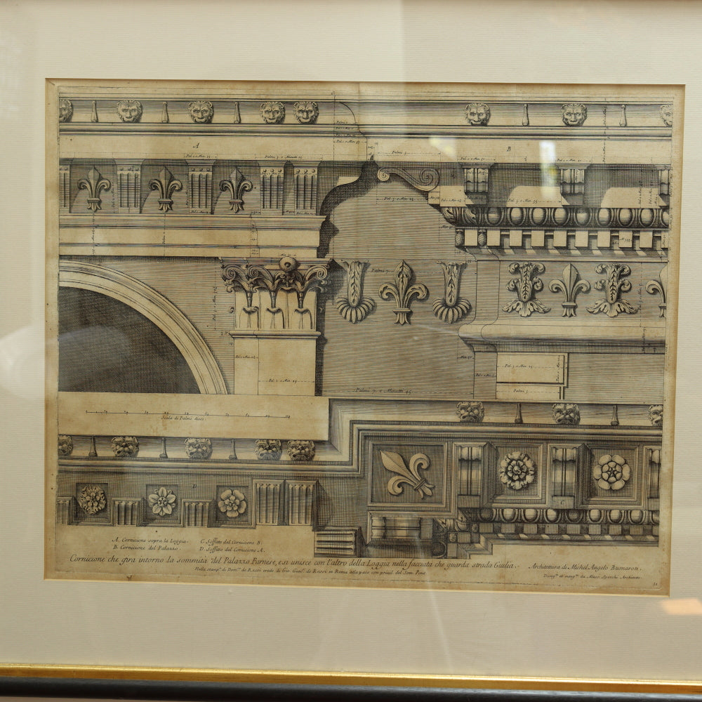 AW7-033: Circa 1690 Etching of Michelangelo Designed Architectural Cornice Details of the Del Palazzo Farnese, Rome By Alessandro Specchi