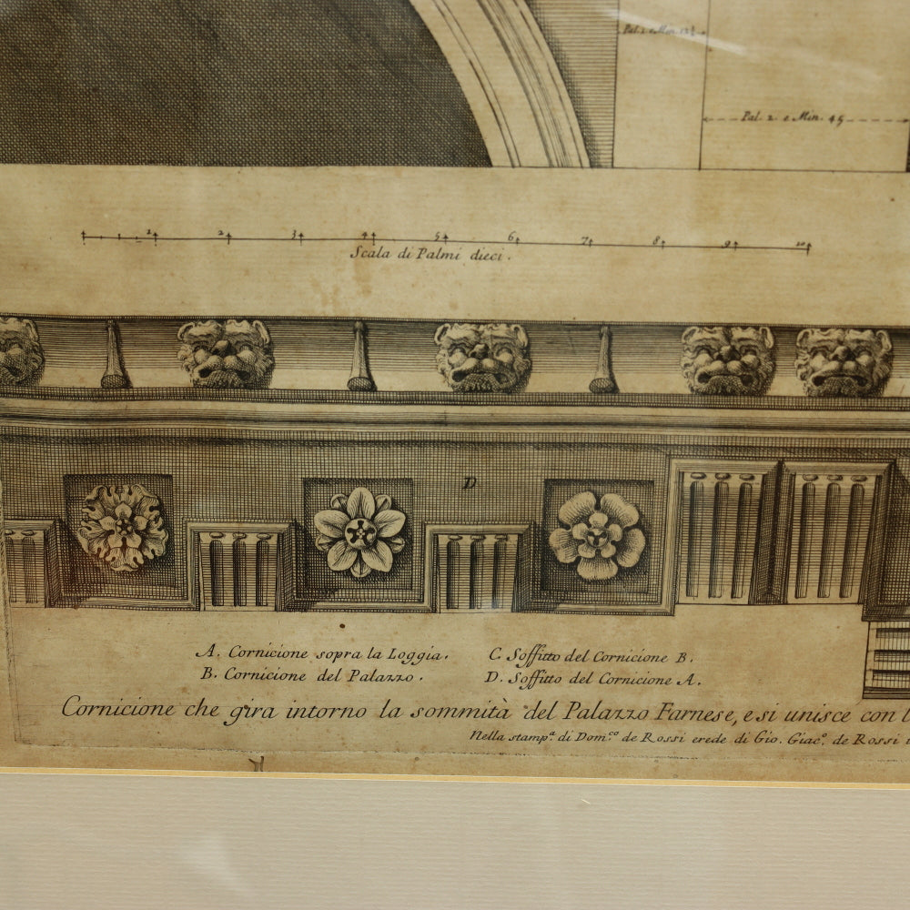 AW7-033: Circa 1690 Etching of Michelangelo Designed Architectural Cornice Details of the Del Palazzo Farnese, Rome By Alessandro Specchi