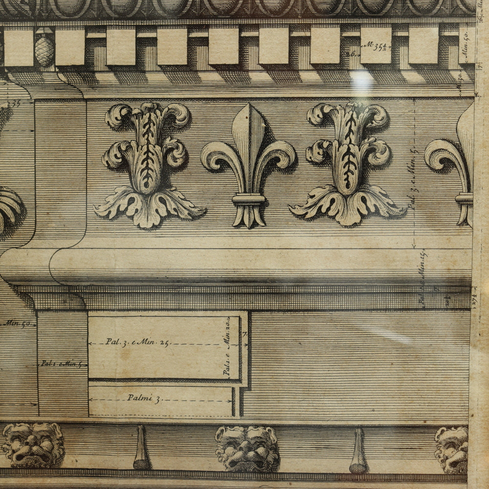 AW7-033: Circa 1690 Etching of Michelangelo Designed Architectural Cornice Details of the Del Palazzo Farnese, Rome By Alessandro Specchi