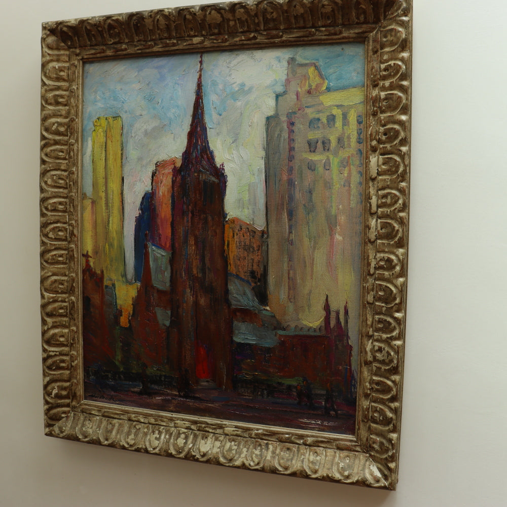 AW616: Mary Andrade St. Marks Church Philadelphia Oil on Board Painting Mid 20th Century